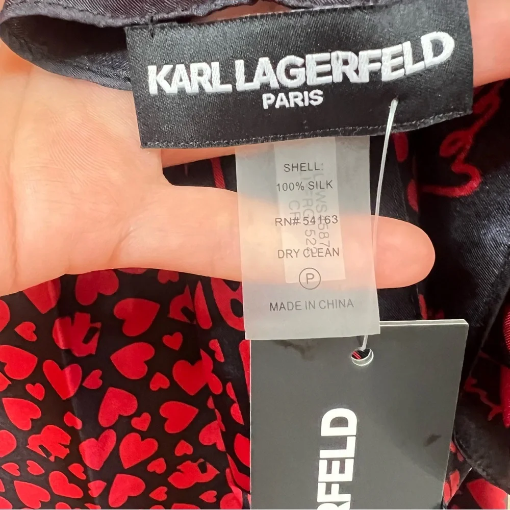 Karl Lagerfeld Paris Silk Hearts Safety Pins Red & Black Square Scarf OS NWT